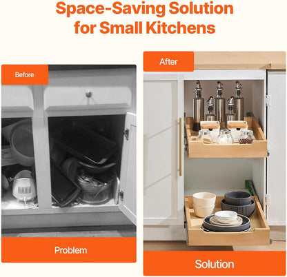 2 Tier Pull Out Cabinet Organizer, 14" W x 21" D Cabinet Drawer, Soft Close Slide out Shelf, Heavy-Duty Sliding Wood Drawer, Adjustable Base Cabinet Organization for Kitchen Pantry Bathroom