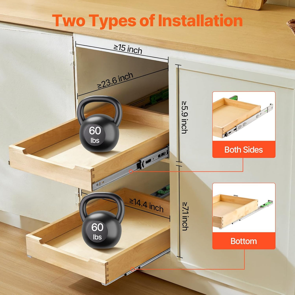 2 Tier Pull Out Cabinet Organizer, 14" W x 21" D Cabinet Drawer, Soft Close Slide out Shelf, Heavy-Duty Sliding Wood Drawer, Adjustable Base Cabinet Organization for Kitchen Pantry Bathroom