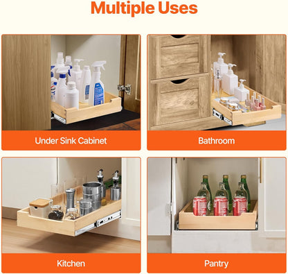 2 Tier Pull Out Cabinet Organizer, 14" W x 21" D Cabinet Drawer, Soft Close Slide out Shelf, Heavy-Duty Sliding Wood Drawer, Adjustable Base Cabinet Organization for Kitchen Pantry Bathroom