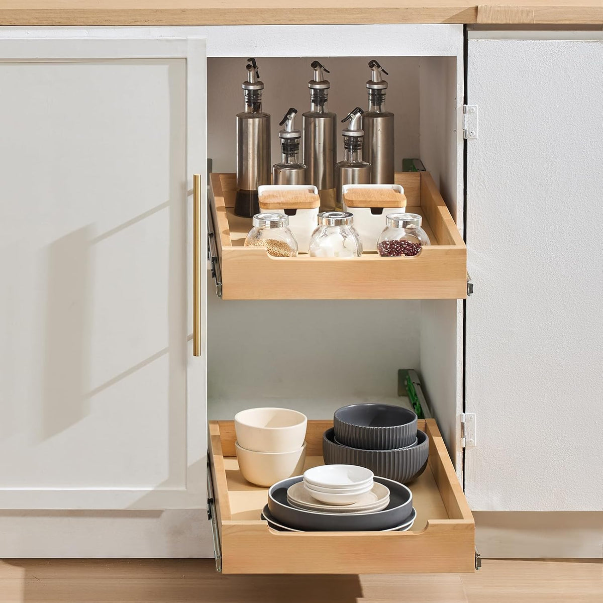 2 Tier Pull Out Cabinet Organizer, 14" W x 21" D Cabinet Drawer, Soft Close Slide out Shelf, Heavy-Duty Sliding Wood Drawer, Adjustable Base Cabinet Organization for Kitchen Pantry Bathroom