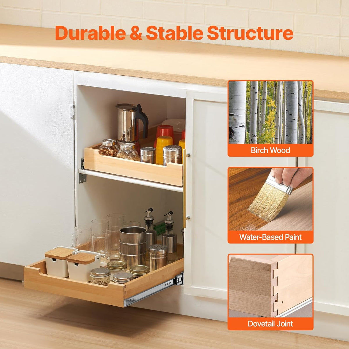 2 Tier Pull Out Cabinet Organizer, 14" W x 21" D Cabinet Drawer, Soft Close Slide out Shelf, Heavy-Duty Sliding Wood Drawer, Adjustable Base Cabinet Organization for Kitchen Pantry Bathroom