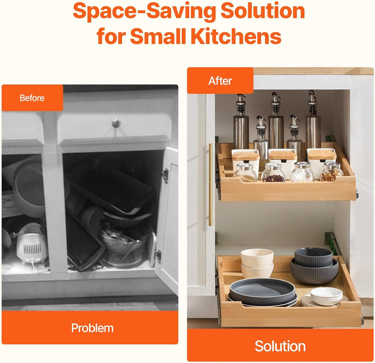 2 Tier Pull Out Cabinet Organizer, 14" W x 21" D Cabinet Drawer, Soft Close Slide out Shelf, Heavy-Duty Sliding Wood Drawer, Adjustable Base Cabinet Organization for Kitchen Pantry Bathroom