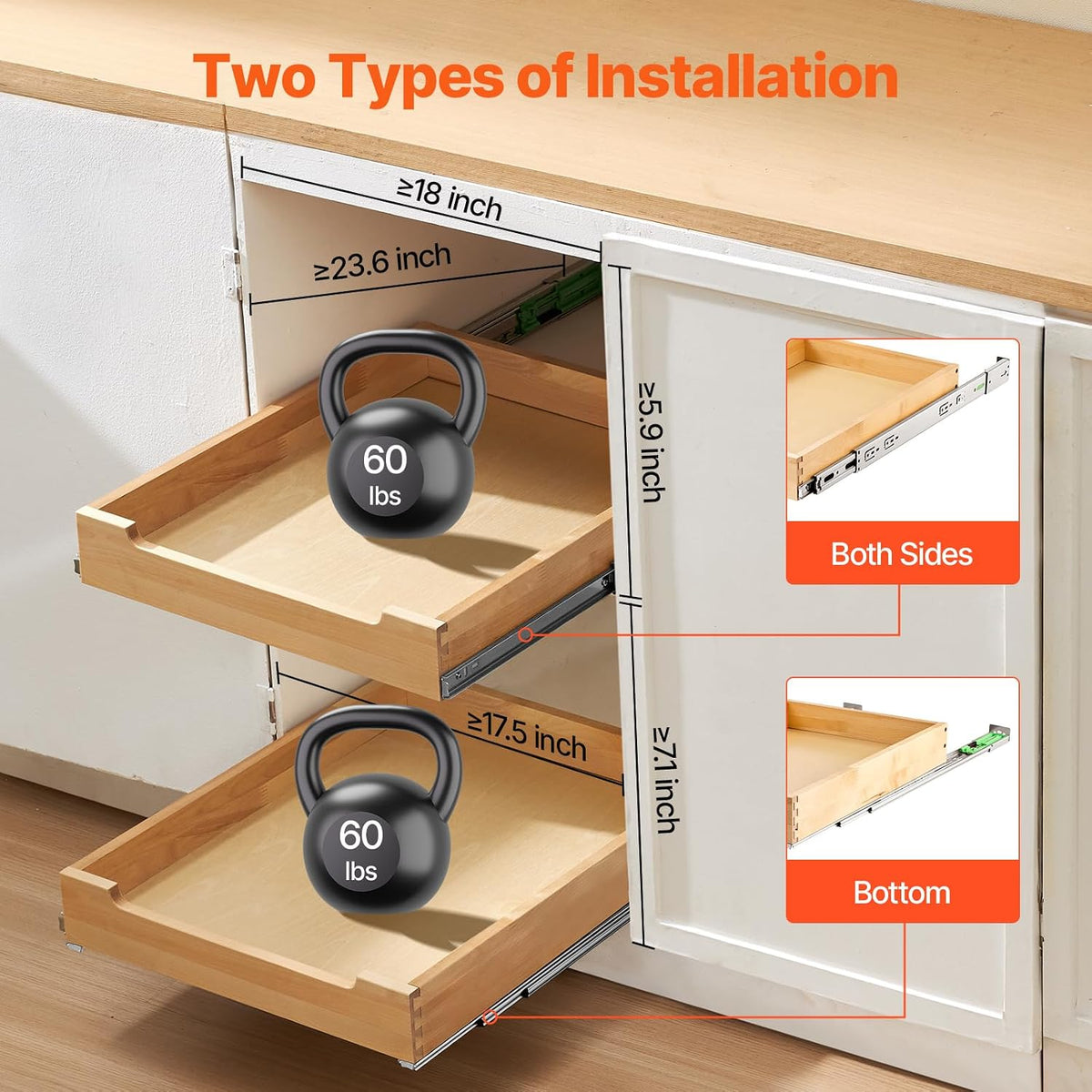 2 Tier Pull Out Cabinet Organizer, 14" W x 21" D Cabinet Drawer, Soft Close Slide out Shelf, Heavy-Duty Sliding Wood Drawer, Adjustable Base Cabinet Organization for Kitchen Pantry Bathroom