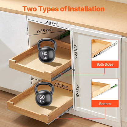 2 Tier Pull Out Cabinet Organizer, 14" W x 21" D Cabinet Drawer, Soft Close Slide out Shelf, Heavy-Duty Sliding Wood Drawer, Adjustable Base Cabinet Organization for Kitchen Pantry Bathroom