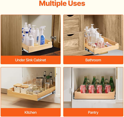 2 Tier Pull Out Cabinet Organizer, 14" W x 21" D Cabinet Drawer, Soft Close Slide out Shelf, Heavy-Duty Sliding Wood Drawer, Adjustable Base Cabinet Organization for Kitchen Pantry Bathroom
