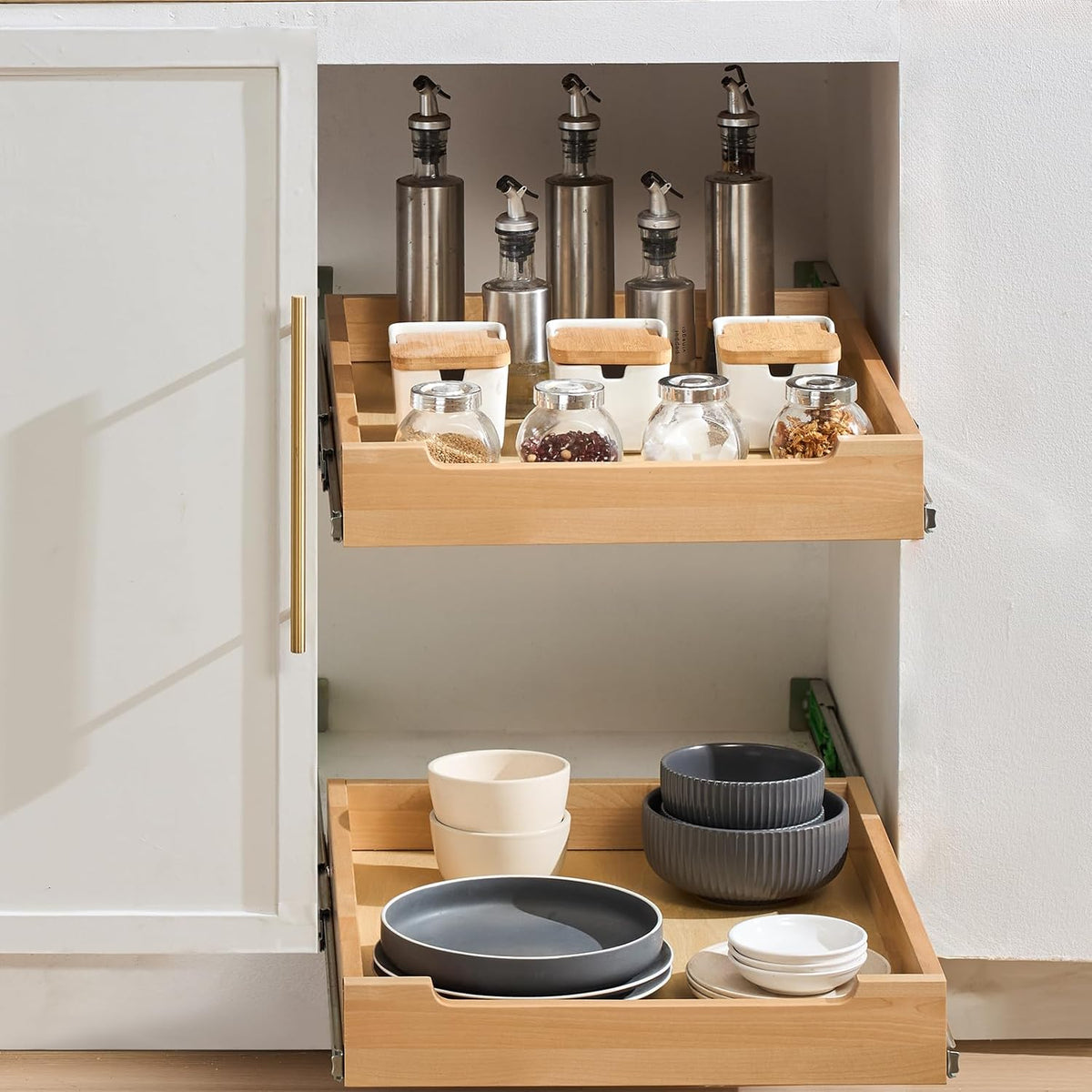 2 Tier Pull Out Cabinet Organizer, 14" W x 21" D Cabinet Drawer, Soft Close Slide out Shelf, Heavy-Duty Sliding Wood Drawer, Adjustable Base Cabinet Organization for Kitchen Pantry Bathroom