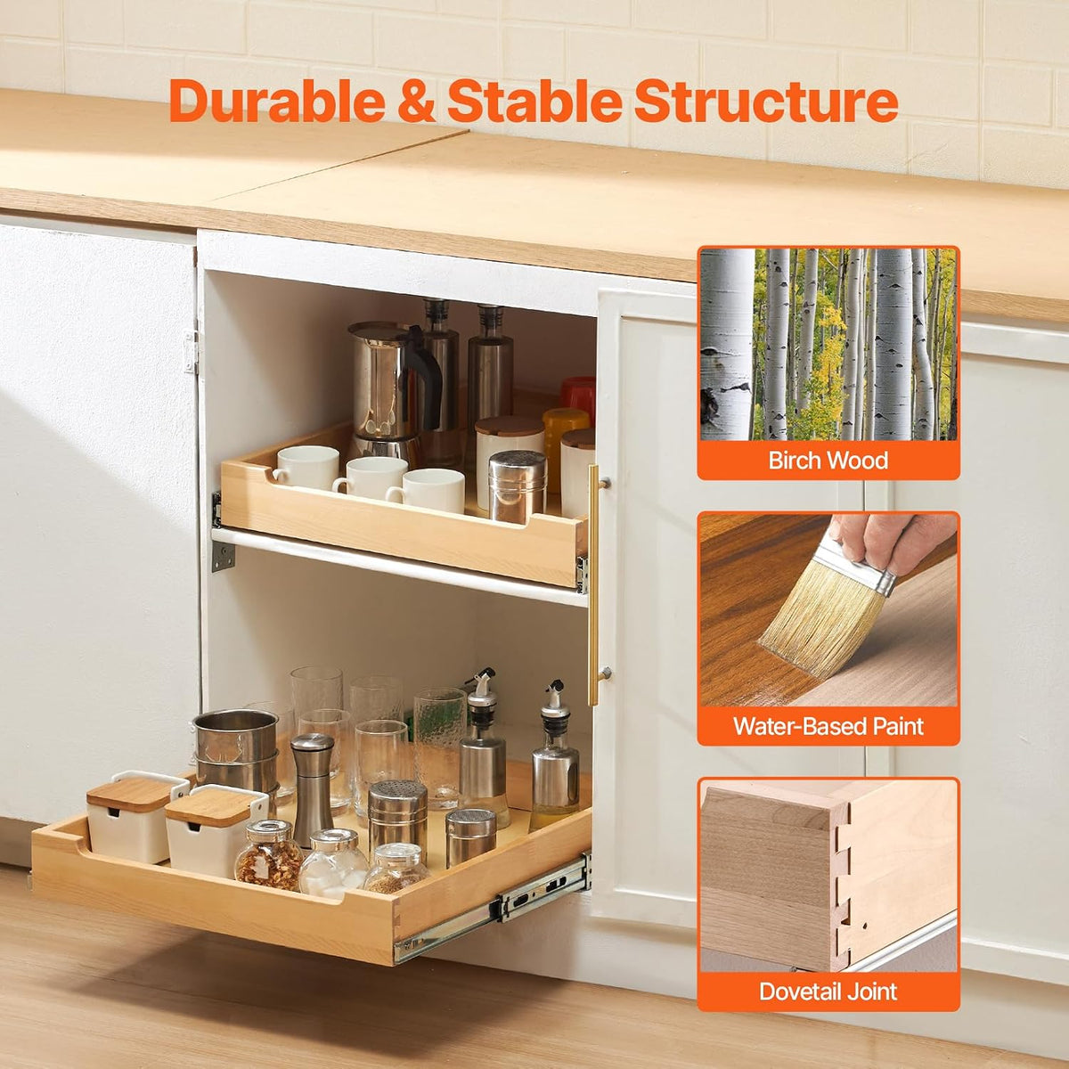 2 Tier Pull Out Cabinet Organizer, 14" W x 21" D Cabinet Drawer, Soft Close Slide out Shelf, Heavy-Duty Sliding Wood Drawer, Adjustable Base Cabinet Organization for Kitchen Pantry Bathroom