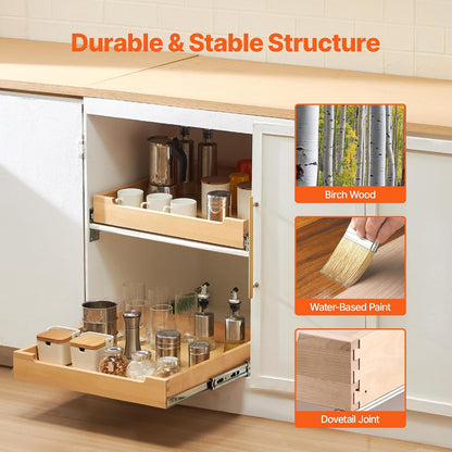 2 Tier Pull Out Cabinet Organizer, 14" W x 21" D Cabinet Drawer, Soft Close Slide out Shelf, Heavy-Duty Sliding Wood Drawer, Adjustable Base Cabinet Organization for Kitchen Pantry Bathroom