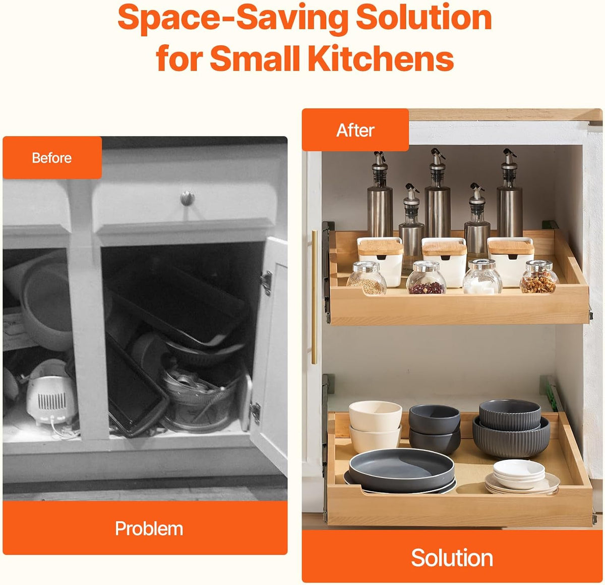 2 Tier Pull Out Cabinet Organizer, 14" W x 21" D Cabinet Drawer, Soft Close Slide out Shelf, Heavy-Duty Sliding Wood Drawer, Adjustable Base Cabinet Organization for Kitchen Pantry Bathroom