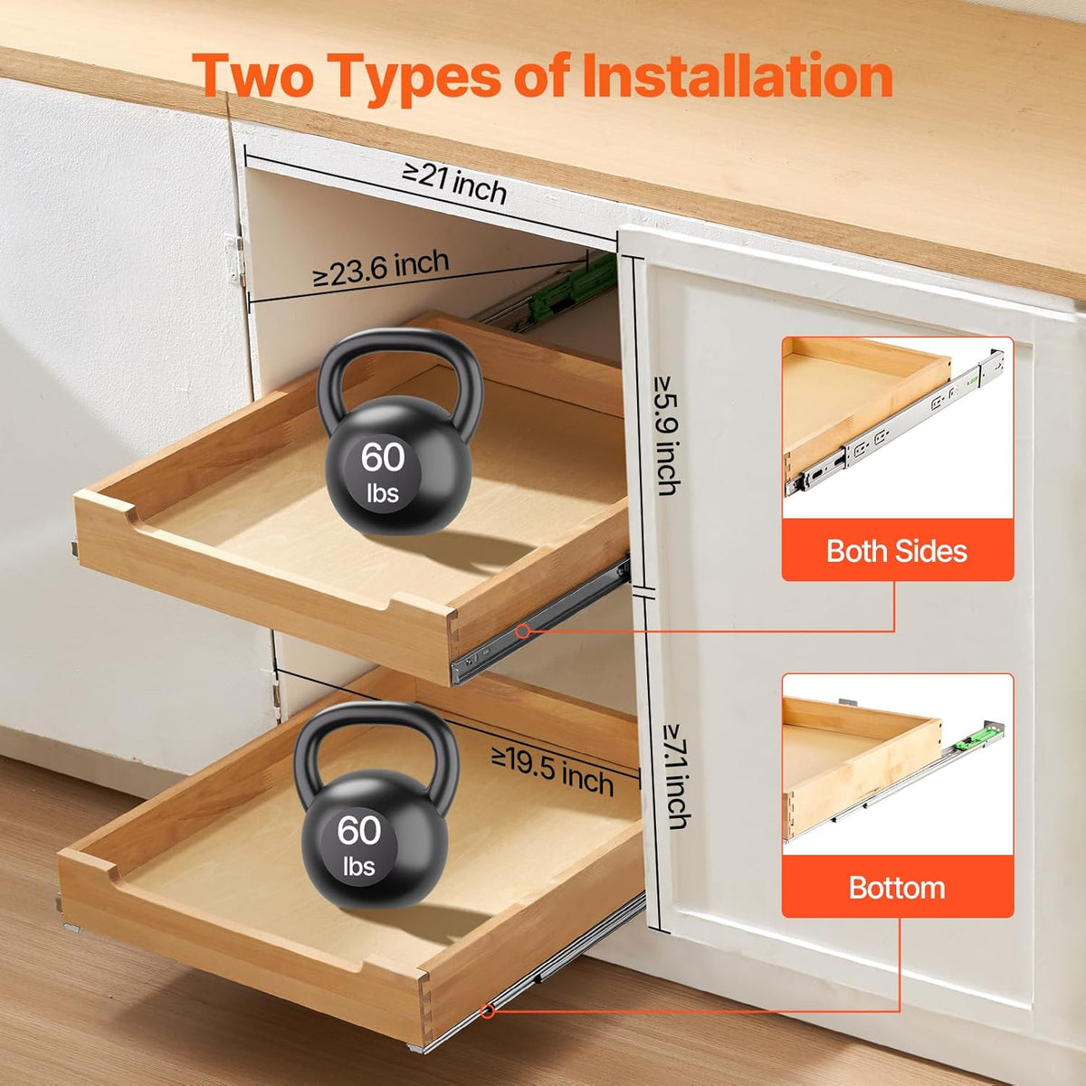 2 Tier Pull Out Cabinet Organizer, 14" W x 21" D Cabinet Drawer, Soft Close Slide out Shelf, Heavy-Duty Sliding Wood Drawer, Adjustable Base Cabinet Organization for Kitchen Pantry Bathroom
