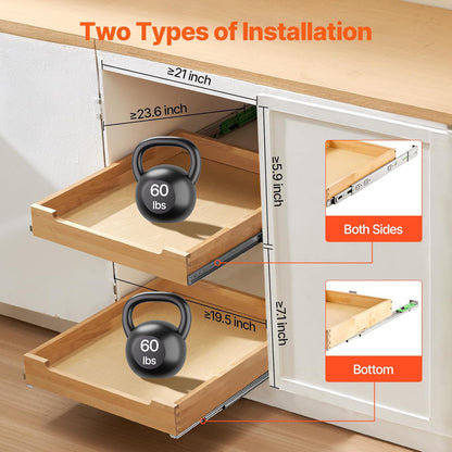 2 Tier Pull Out Cabinet Organizer, 14" W x 21" D Cabinet Drawer, Soft Close Slide out Shelf, Heavy-Duty Sliding Wood Drawer, Adjustable Base Cabinet Organization for Kitchen Pantry Bathroom