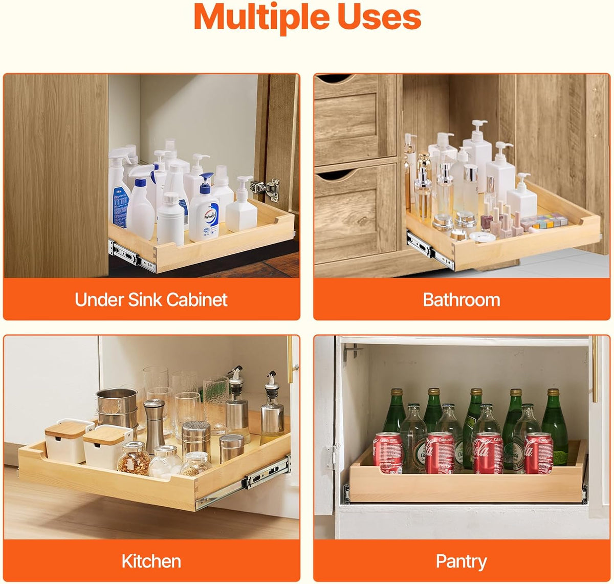 2 Tier Pull Out Cabinet Organizer, 14" W x 21" D Cabinet Drawer, Soft Close Slide out Shelf, Heavy-Duty Sliding Wood Drawer, Adjustable Base Cabinet Organization for Kitchen Pantry Bathroom