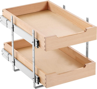 2 Tier Pull Out Cabinet Organizer, 14" W x 21" D Cabinet Drawer, Soft Close Slide out Shelf, Heavy-Duty Sliding Wood Drawer, Adjustable Base Cabinet Organization for Kitchen Pantry Bathroom