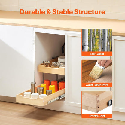 2 Tier Pull Out Cabinet Organizer, 14" W x 21" D Cabinet Drawer, Soft Close Slide out Shelf, Heavy-Duty Sliding Wood Drawer, Adjustable Base Cabinet Organization for Kitchen Pantry Bathroom
