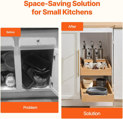 2 Tier Pull Out Cabinet Organizer, 14" W x 21" D Cabinet Drawer, Soft Close Slide out Shelf, Heavy-Duty Sliding Wood Drawer, Adjustable Base Cabinet Organization for Kitchen Pantry Bathroom