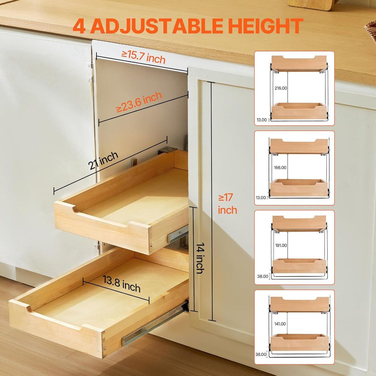2 Tier Pull Out Cabinet Organizer, 14" W x 21" D Cabinet Drawer, Soft Close Slide out Shelf, Heavy-Duty Sliding Wood Drawer, Adjustable Base Cabinet Organization for Kitchen Pantry Bathroom