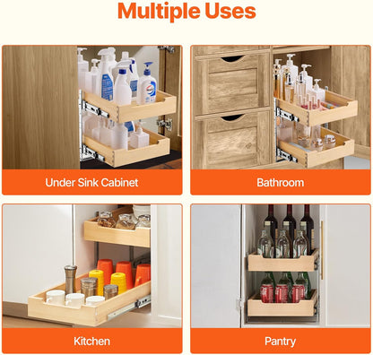 2 Tier Pull Out Cabinet Organizer, 14" W x 21" D Cabinet Drawer, Soft Close Slide out Shelf, Heavy-Duty Sliding Wood Drawer, Adjustable Base Cabinet Organization for Kitchen Pantry Bathroom