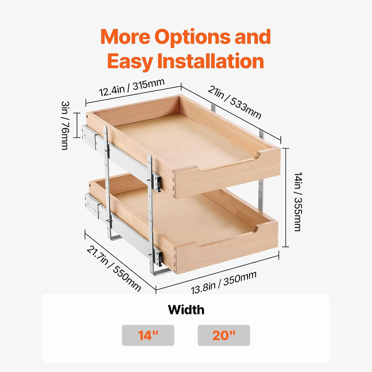 2 Tier Pull Out Cabinet Organizer, 14" W x 21" D Cabinet Drawer, Soft Close Slide out Shelf, Heavy-Duty Sliding Wood Drawer, Adjustable Base Cabinet Organization for Kitchen Pantry Bathroom