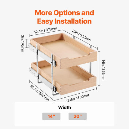 2 Tier Pull Out Cabinet Organizer, 14" W x 21" D Cabinet Drawer, Soft Close Slide out Shelf, Heavy-Duty Sliding Wood Drawer, Adjustable Base Cabinet Organization for Kitchen Pantry Bathroom