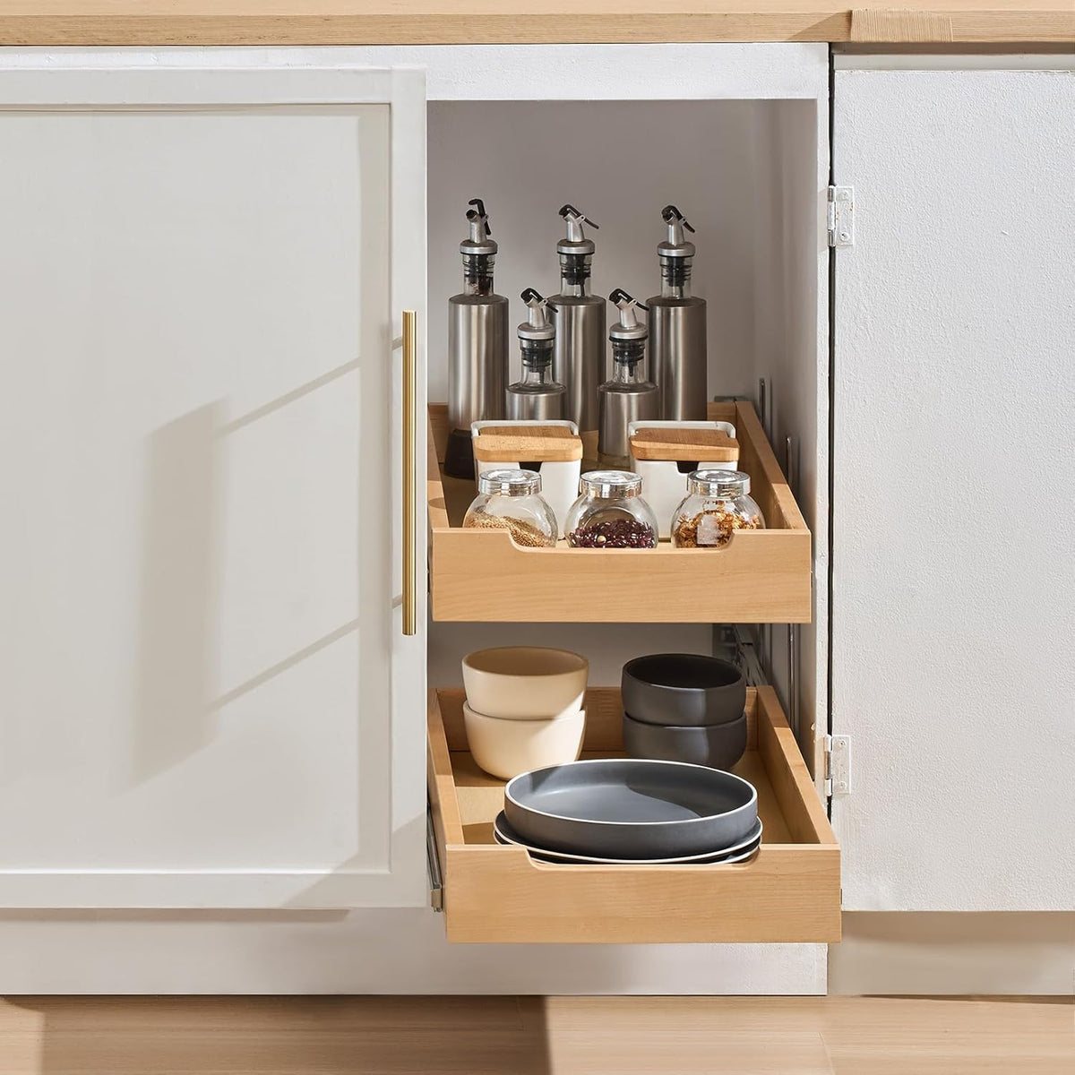 2 Tier Pull Out Cabinet Organizer, 14" W x 21" D Cabinet Drawer, Soft Close Slide out Shelf, Heavy-Duty Sliding Wood Drawer, Adjustable Base Cabinet Organization for Kitchen Pantry Bathroom