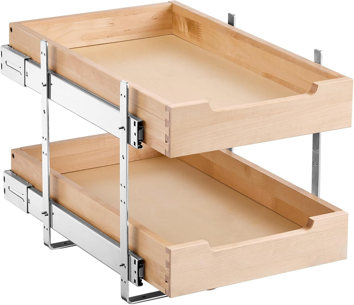 2 Tier Pull Out Cabinet Organizer, 14" W x 21" D Cabinet Drawer, Soft Close Slide out Shelf, Heavy-Duty Sliding Wood Drawer, Adjustable Base Cabinet Organization for Kitchen Pantry Bathroom