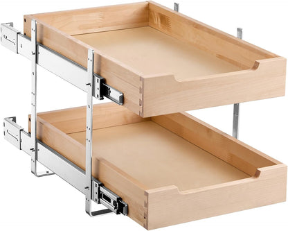 2 Tier Pull Out Cabinet Organizer, 14" W x 21" D Cabinet Drawer, Soft Close Slide out Shelf, Heavy-Duty Sliding Wood Drawer, Adjustable Base Cabinet Organization for Kitchen Pantry Bathroom
