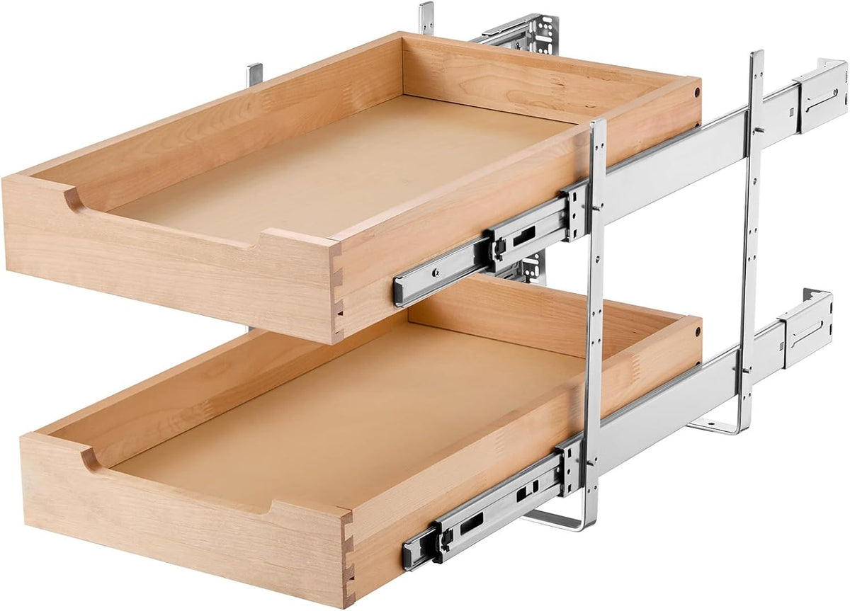 2 Tier Pull Out Cabinet Organizer, 14" W x 21" D Cabinet Drawer, Soft Close Slide out Shelf, Heavy-Duty Sliding Wood Drawer, Adjustable Base Cabinet Organization for Kitchen Pantry Bathroom