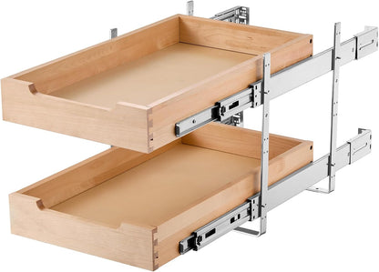 2 Tier Pull Out Cabinet Organizer, 14" W x 21" D Cabinet Drawer, Soft Close Slide out Shelf, Heavy-Duty Sliding Wood Drawer, Adjustable Base Cabinet Organization for Kitchen Pantry Bathroom