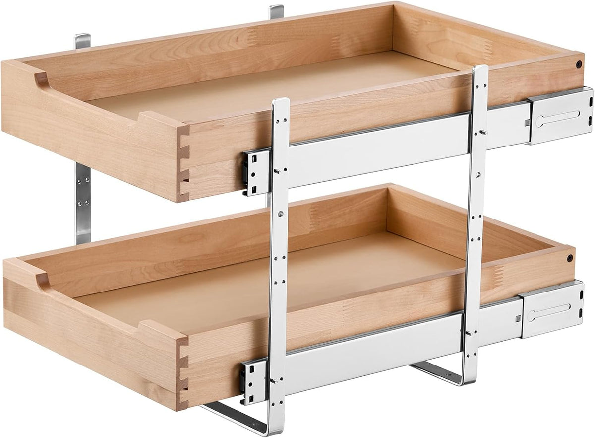 2 Tier Pull Out Cabinet Organizer, 14" W x 21" D Cabinet Drawer, Soft Close Slide out Shelf, Heavy-Duty Sliding Wood Drawer, Adjustable Base Cabinet Organization for Kitchen Pantry Bathroom