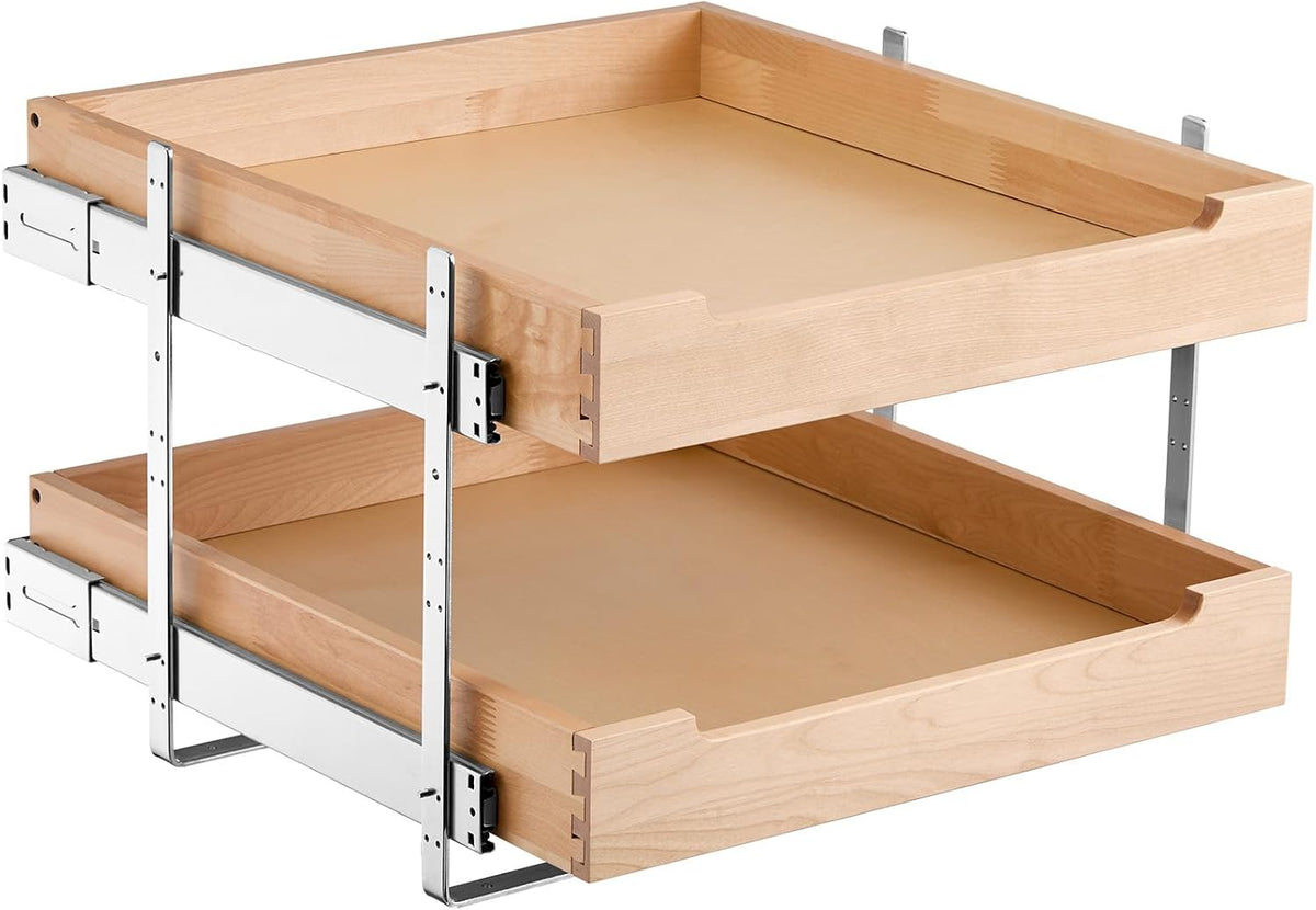 2 Tier Pull Out Cabinet Organizer, 14" W x 21" D Cabinet Drawer, Soft Close Slide out Shelf, Heavy-Duty Sliding Wood Drawer, Adjustable Base Cabinet Organization for Kitchen Pantry Bathroom