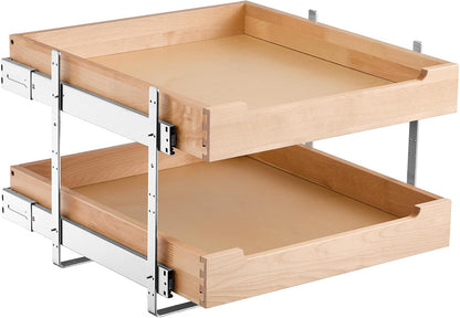 2 Tier Pull Out Cabinet Organizer, 14" W x 21" D Cabinet Drawer, Soft Close Slide out Shelf, Heavy-Duty Sliding Wood Drawer, Adjustable Base Cabinet Organization for Kitchen Pantry Bathroom