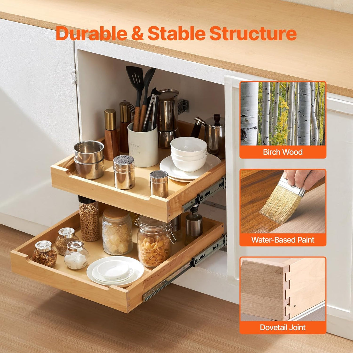 2 Tier Pull Out Cabinet Organizer, 14" W x 21" D Cabinet Drawer, Soft Close Slide out Shelf, Heavy-Duty Sliding Wood Drawer, Adjustable Base Cabinet Organization for Kitchen Pantry Bathroom