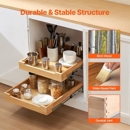 2 Tier Pull Out Cabinet Organizer, 14" W x 21" D Cabinet Drawer, Soft Close Slide out Shelf, Heavy-Duty Sliding Wood Drawer, Adjustable Base Cabinet Organization for Kitchen Pantry Bathroom