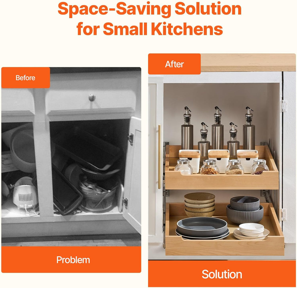 2 Tier Pull Out Cabinet Organizer, 14" W x 21" D Cabinet Drawer, Soft Close Slide out Shelf, Heavy-Duty Sliding Wood Drawer, Adjustable Base Cabinet Organization for Kitchen Pantry Bathroom