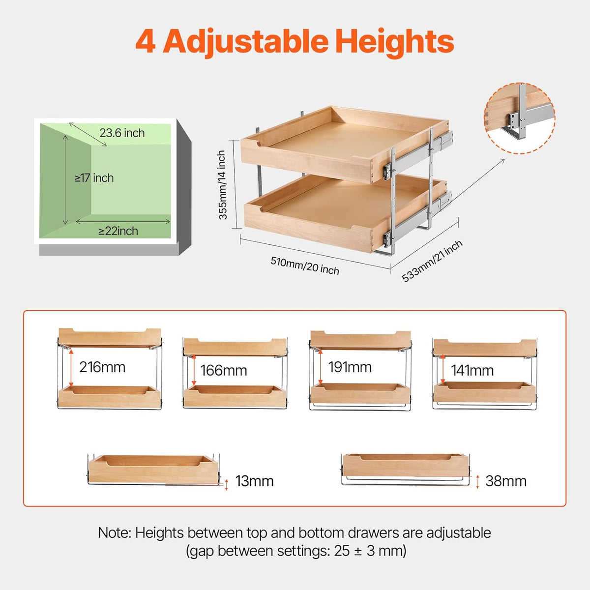 2 Tier Pull Out Cabinet Organizer, 14" W x 21" D Cabinet Drawer, Soft Close Slide out Shelf, Heavy-Duty Sliding Wood Drawer, Adjustable Base Cabinet Organization for Kitchen Pantry Bathroom