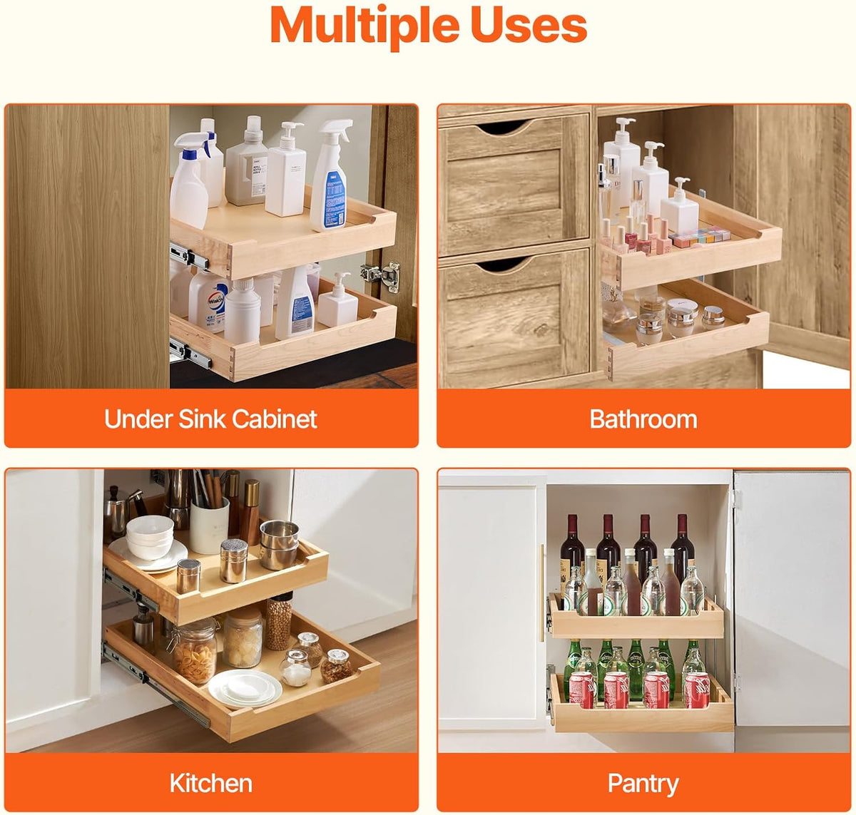 2 Tier Pull Out Cabinet Organizer, 14" W x 21" D Cabinet Drawer, Soft Close Slide out Shelf, Heavy-Duty Sliding Wood Drawer, Adjustable Base Cabinet Organization for Kitchen Pantry Bathroom