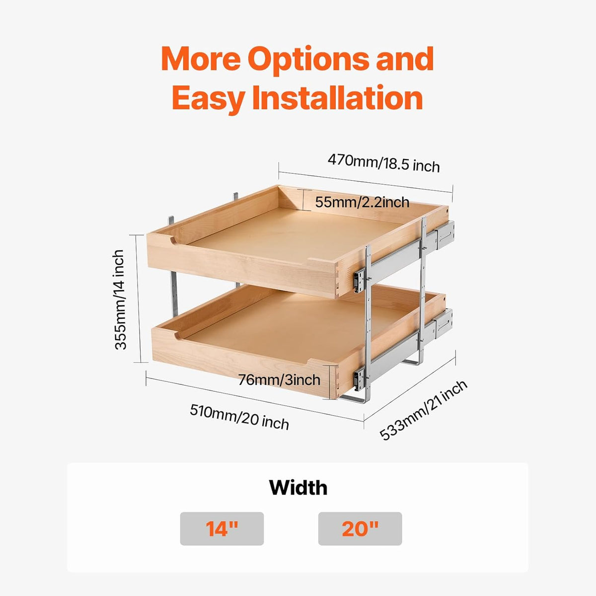 2 Tier Pull Out Cabinet Organizer, 14" W x 21" D Cabinet Drawer, Soft Close Slide out Shelf, Heavy-Duty Sliding Wood Drawer, Adjustable Base Cabinet Organization for Kitchen Pantry Bathroom