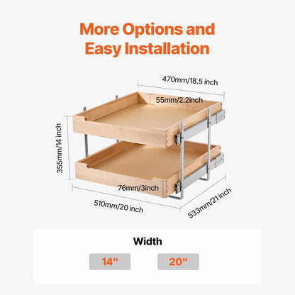 2 Tier Pull Out Cabinet Organizer, 14" W x 21" D Cabinet Drawer, Soft Close Slide out Shelf, Heavy-Duty Sliding Wood Drawer, Adjustable Base Cabinet Organization for Kitchen Pantry Bathroom