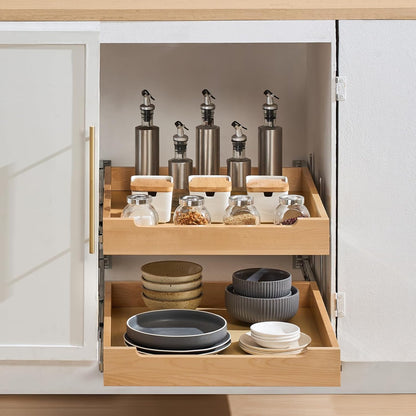 2 Tier Pull Out Cabinet Organizer, 14" W x 21" D Cabinet Drawer, Soft Close Slide out Shelf, Heavy-Duty Sliding Wood Drawer, Adjustable Base Cabinet Organization for Kitchen Pantry Bathroom