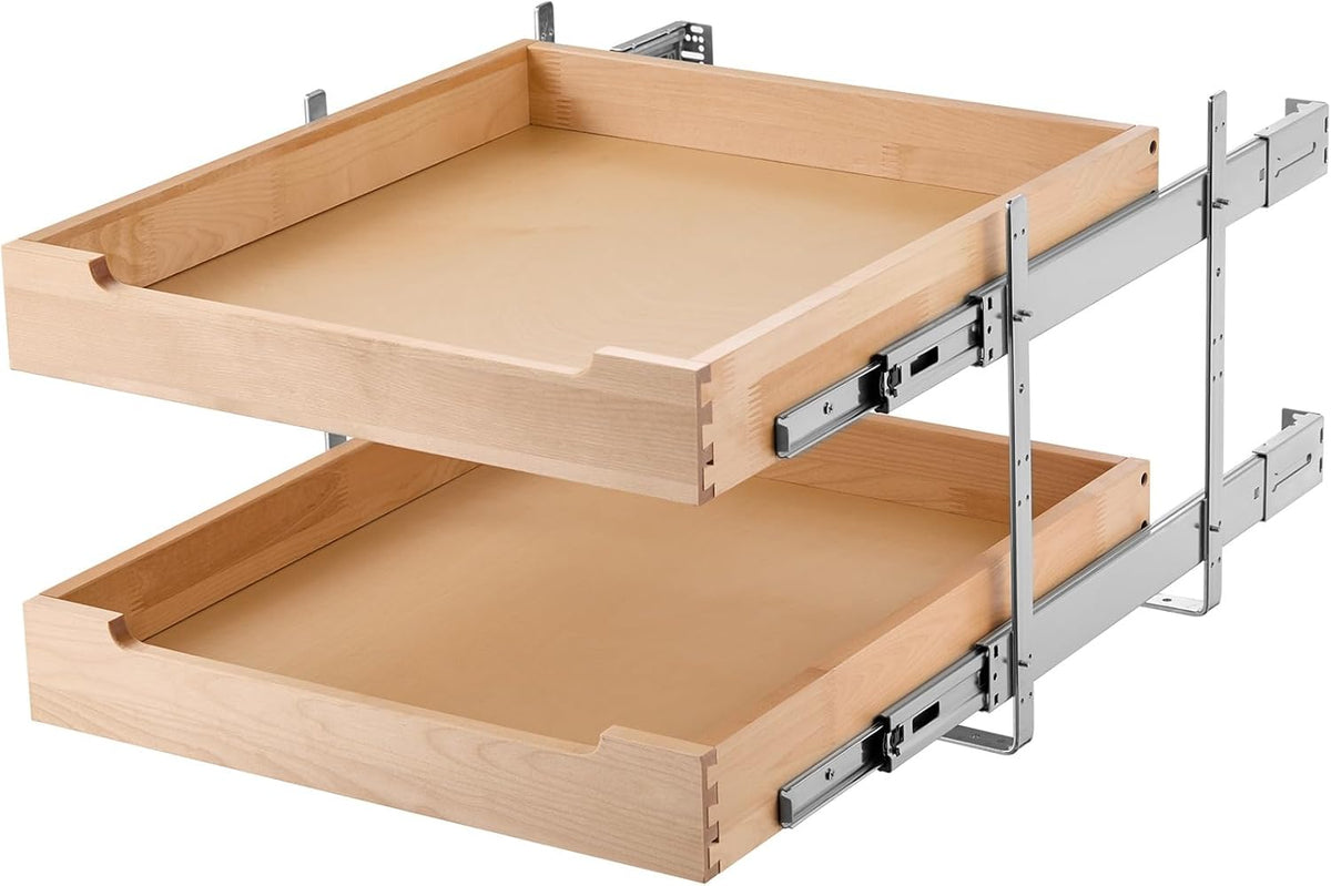 2 Tier Pull Out Cabinet Organizer, 14" W x 21" D Cabinet Drawer, Soft Close Slide out Shelf, Heavy-Duty Sliding Wood Drawer, Adjustable Base Cabinet Organization for Kitchen Pantry Bathroom