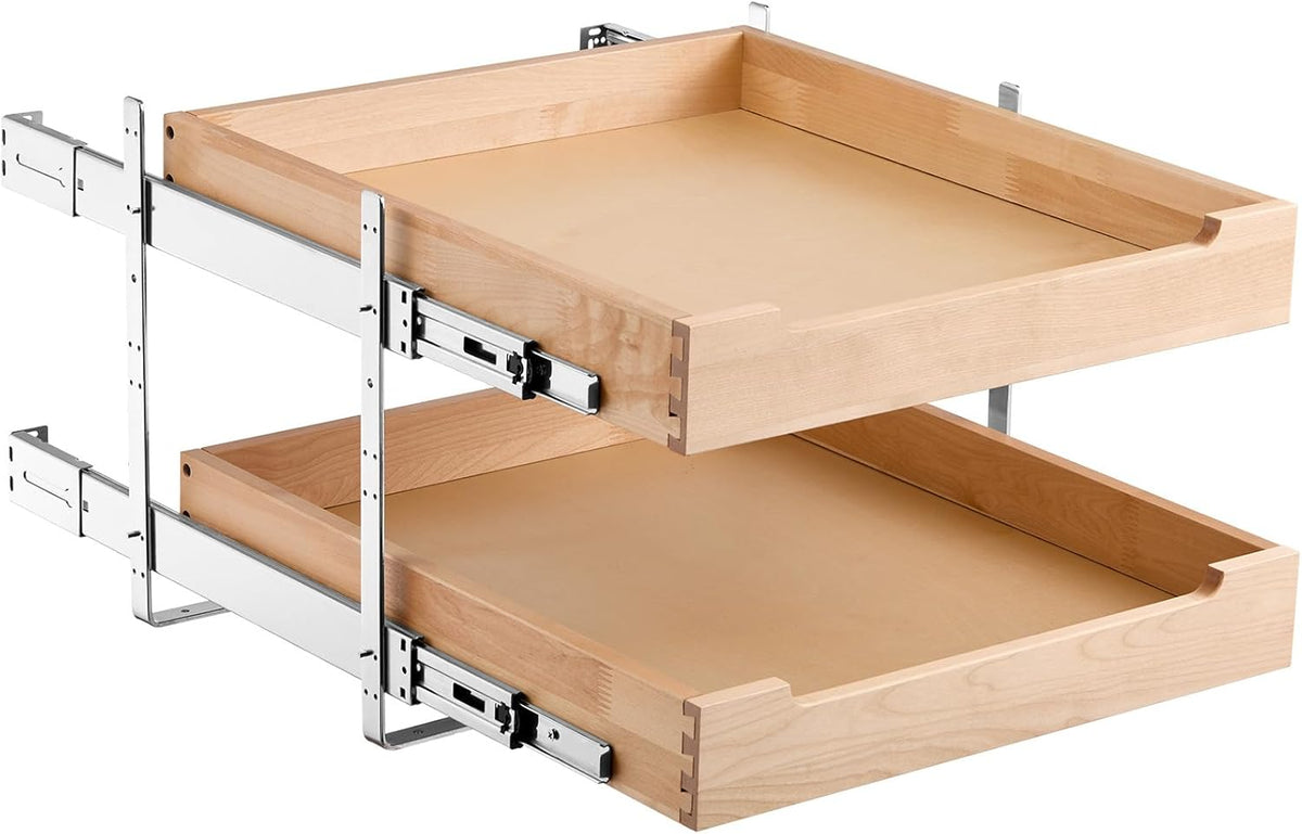 2 Tier Pull Out Cabinet Organizer, 14" W x 21" D Cabinet Drawer, Soft Close Slide out Shelf, Heavy-Duty Sliding Wood Drawer, Adjustable Base Cabinet Organization for Kitchen Pantry Bathroom