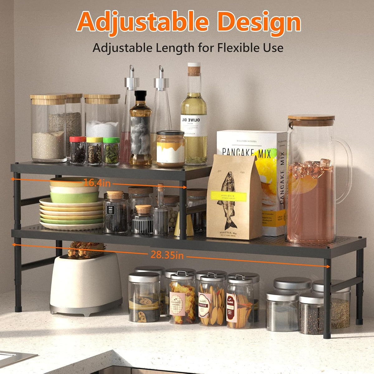 HI NINGER Expandable adjustable stackable kitchen organizer,Spice Racks,Counter Shelf for Cabinets,Small Cupboard Organizers,Heavy Duty Metal Pantry Storage Shelves Racks for kitchen,cabinet