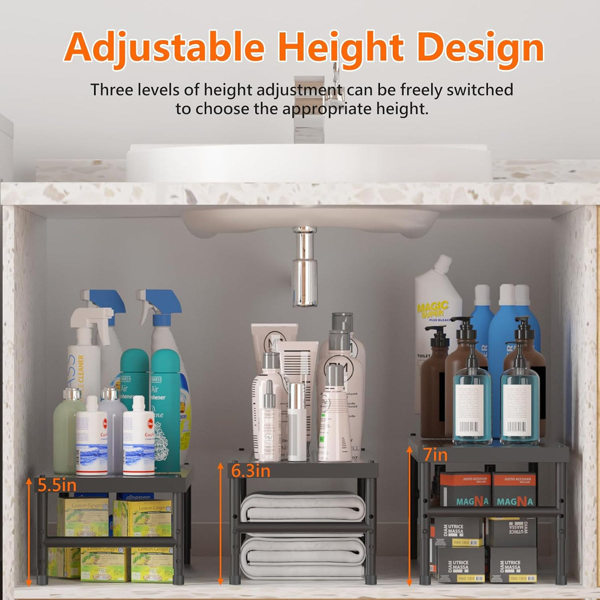 HI NINGER Expandable adjustable stackable kitchen organizer,Spice Racks,Counter Shelf for Cabinets,Small Cupboard Organizers,Heavy Duty Metal Pantry Storage Shelves Racks for kitchen,cabinet