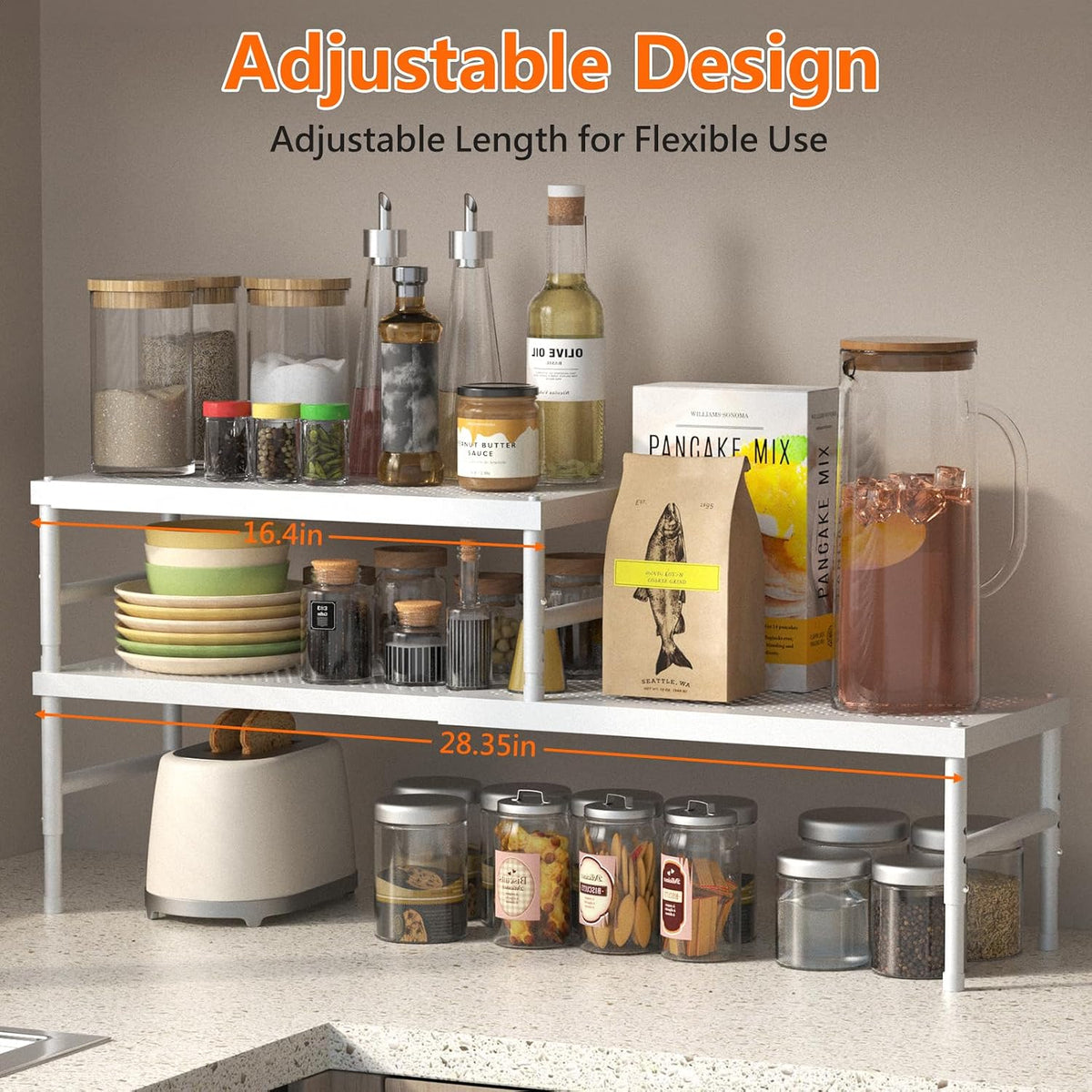 HI NINGER Expandable adjustable stackable kitchen organizer,Spice Racks,Counter Shelf for Cabinets,Small Cupboard Organizers,Heavy Duty Metal Pantry Storage Shelves Racks for kitchen,cabinet