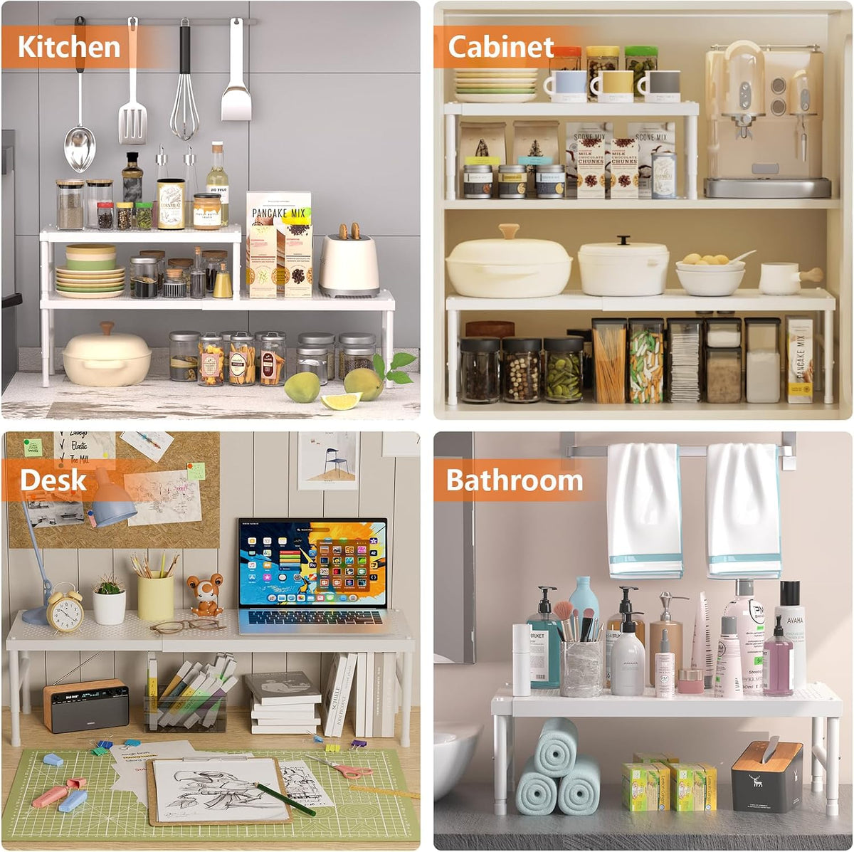 HI NINGER Expandable adjustable stackable kitchen organizer,Spice Racks,Counter Shelf for Cabinets,Small Cupboard Organizers,Heavy Duty Metal Pantry Storage Shelves Racks for kitchen,cabinet