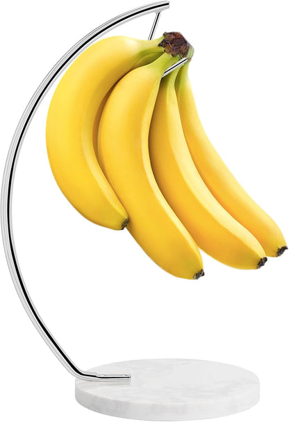 Banana Holder with Marble Base, Metal Banana Hanger Modern Tree Stand with Hook, Stylish Banana Keeper Fresh Fruit Storage Organizer Freestanding for Kitchen Countertop (Chrome, Single Hook)