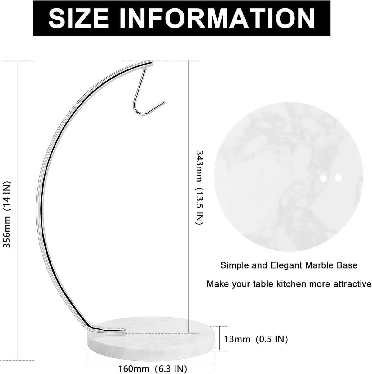 Banana Holder with Marble Base, Metal Banana Hanger Modern Tree Stand with Hook, Stylish Banana Keeper Fresh Fruit Storage Organizer Freestanding for Kitchen Countertop (Chrome, Single Hook)