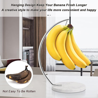 Banana Holder with Marble Base, Metal Banana Hanger Modern Tree Stand with Hook, Stylish Banana Keeper Fresh Fruit Storage Organizer Freestanding for Kitchen Countertop (Chrome, Single Hook)