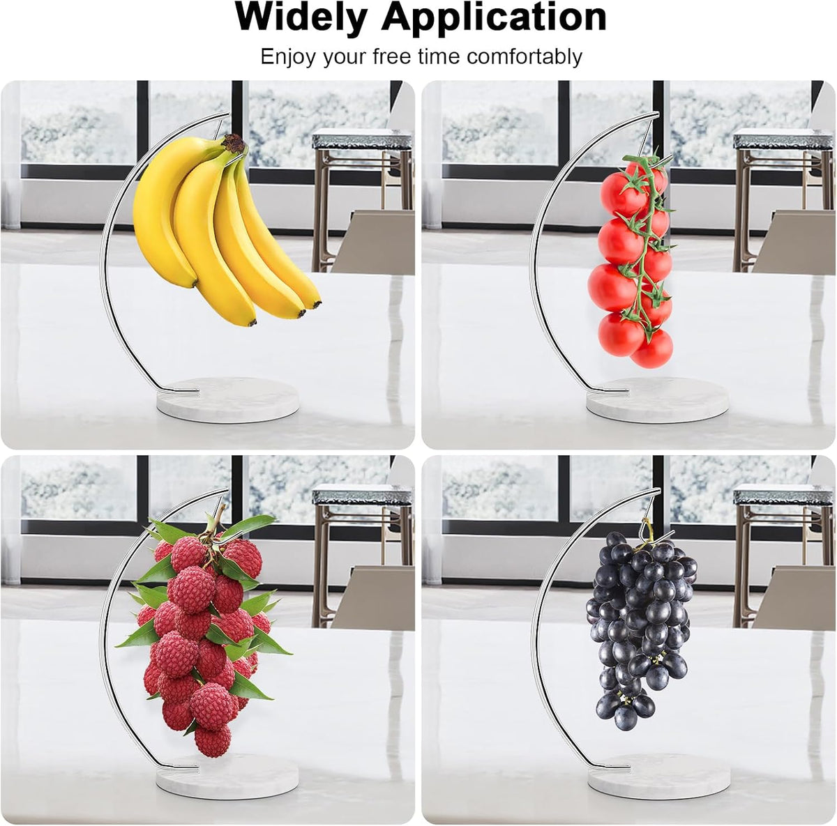 Banana Holder with Marble Base, Metal Banana Hanger Modern Tree Stand with Hook, Stylish Banana Keeper Fresh Fruit Storage Organizer Freestanding for Kitchen Countertop (Chrome, Single Hook)