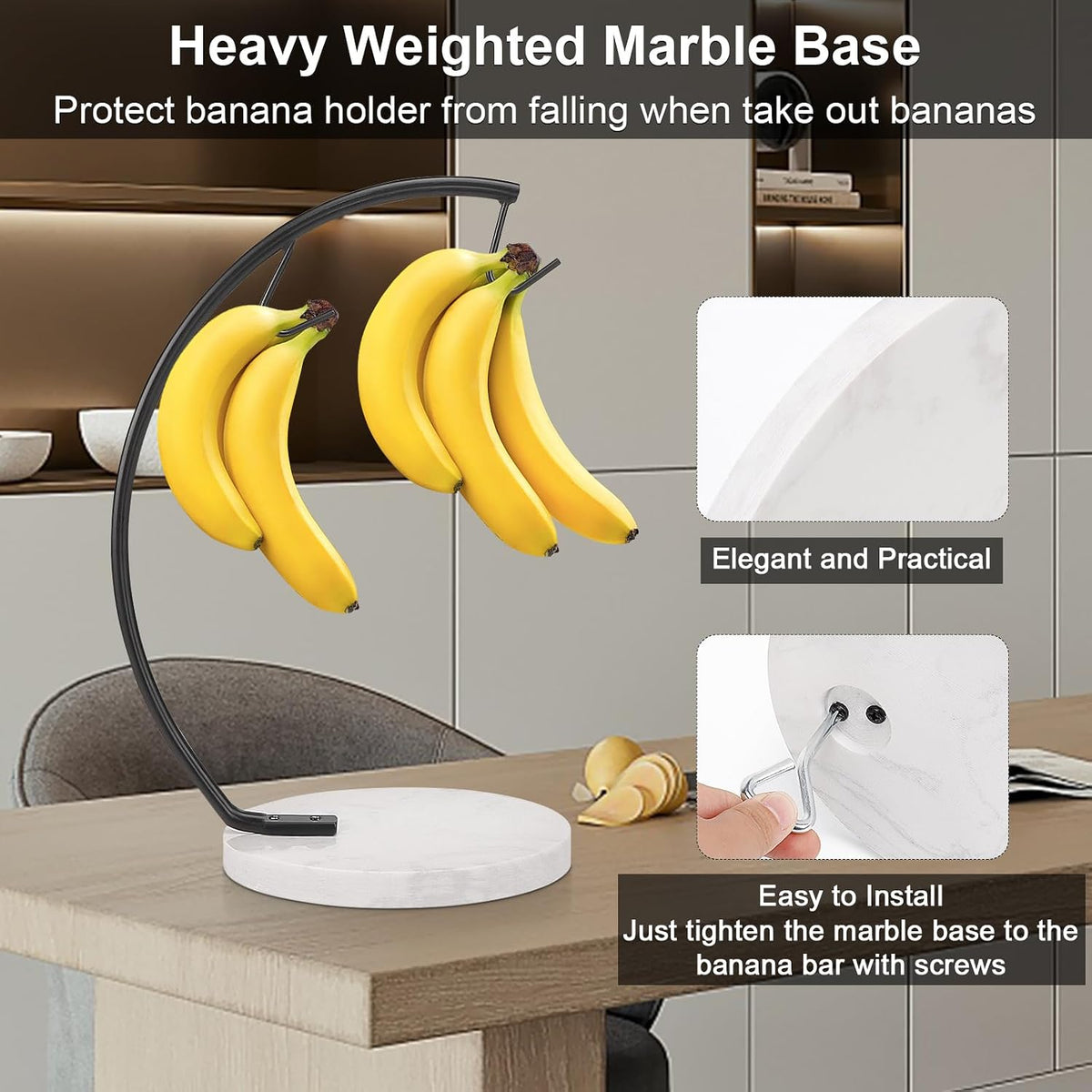 Banana Holder with Marble Base, Metal Banana Hanger Modern Tree Stand with Hook, Stylish Banana Keeper Fresh Fruit Storage Organizer Freestanding for Kitchen Countertop (Chrome, Single Hook)